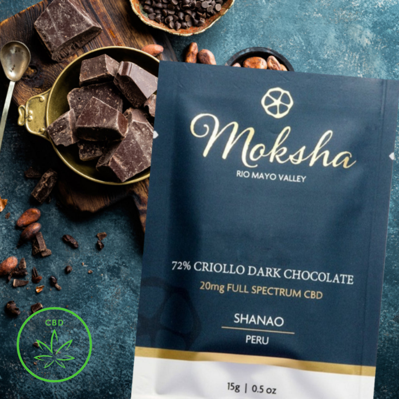 MOKSHA 72% CRIOLLO CBD DARK CHOCOLATE SQUARE - Full-Spectrum CBD (20mg)