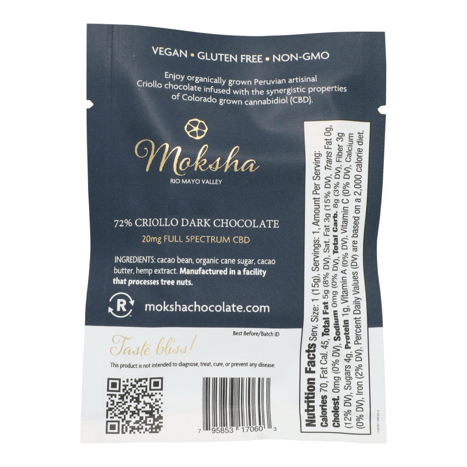 MOKSHA 72% CRIOLLO CBD DARK CHOCOLATE SQUARE - Full-Spectrum CBD (20mg)